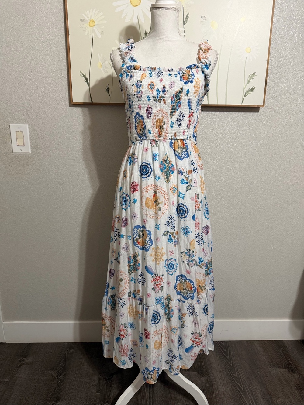 Boho Floral Smocked Maxi Dress - White with Blue & Multicolor Prints size L